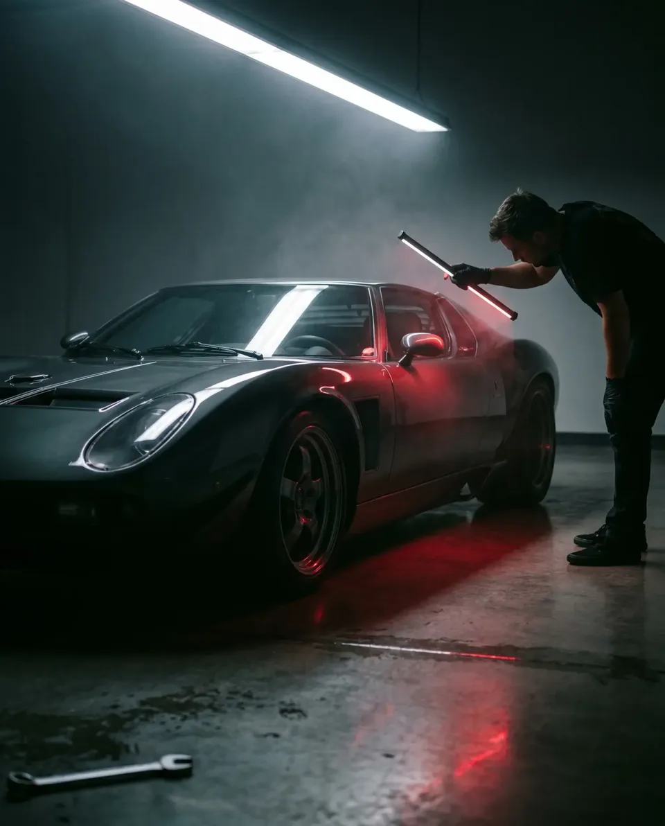Vůz přebíraný v tmavém detailing boxu, klíče a zakázkový list