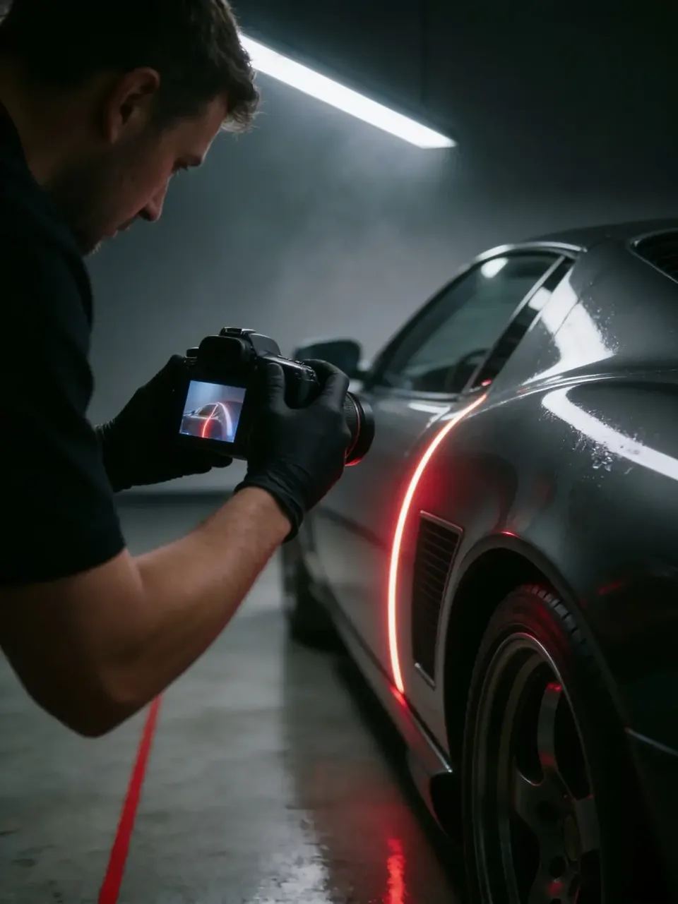 Technik fotí vůz pod kontrolním světlem při fotodokumentaci